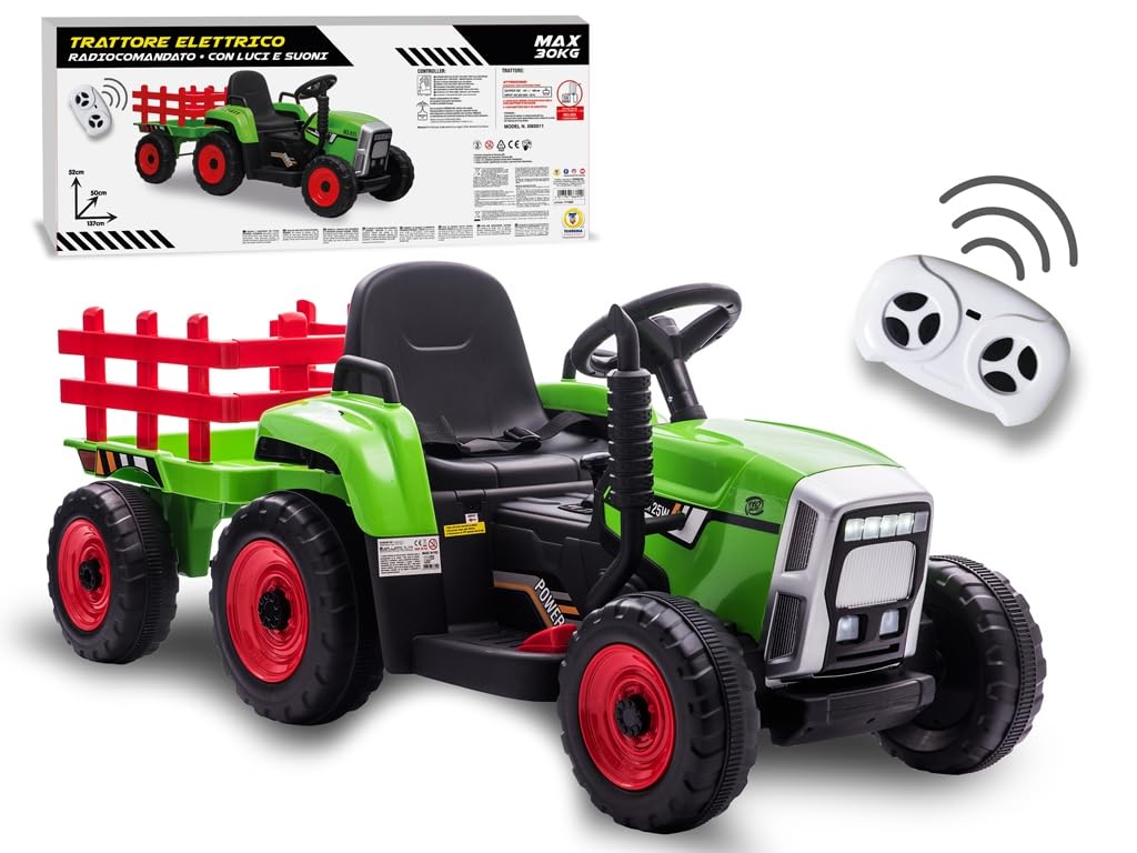 Teorema Giocattoli Teorema 66692 – Tractor eléctrico de 12 V para niños, con Luces, Sonidos, Remolque, Reproductor MP3, Entrada Auxiliar, USB y Mando a Distancia