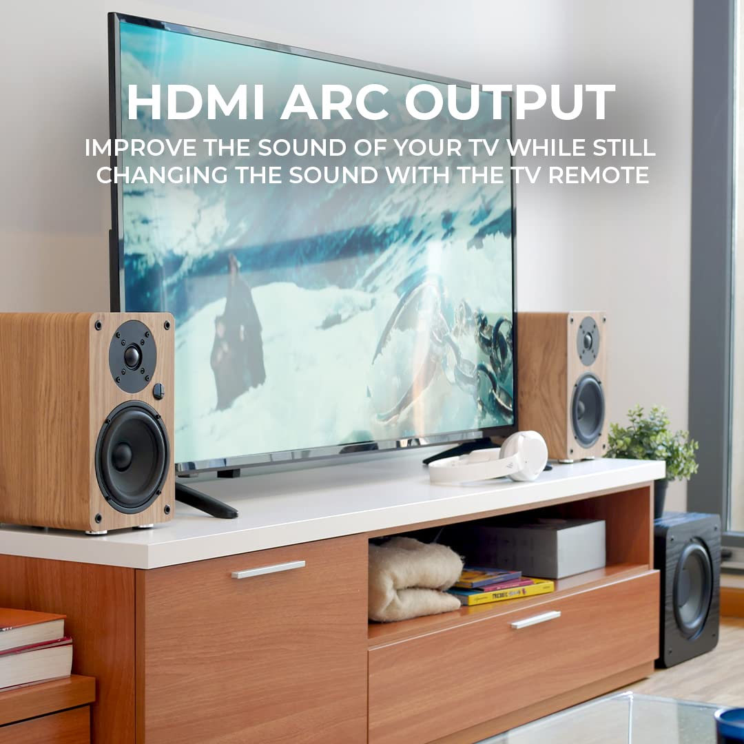 VULKKANO A5 ARC Altavoces Autoamplificados con Woofer de 5.25", Bluetooth 5.0, HDMI ARC, Optica, RCA, USB, con Salida Subwoofer, Altavoces para la TV con Diseño Elegante, Color Negro