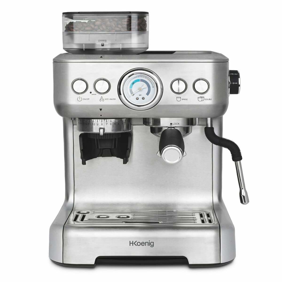 H.Koenig Espresso machine with grinder EXPRO980, 2.7L, 250g bean reservoir, 15 grind sizes, Italian pump, Customizable dosage for 1 or 2 cups, Thermoblock, Pressure 20 bars