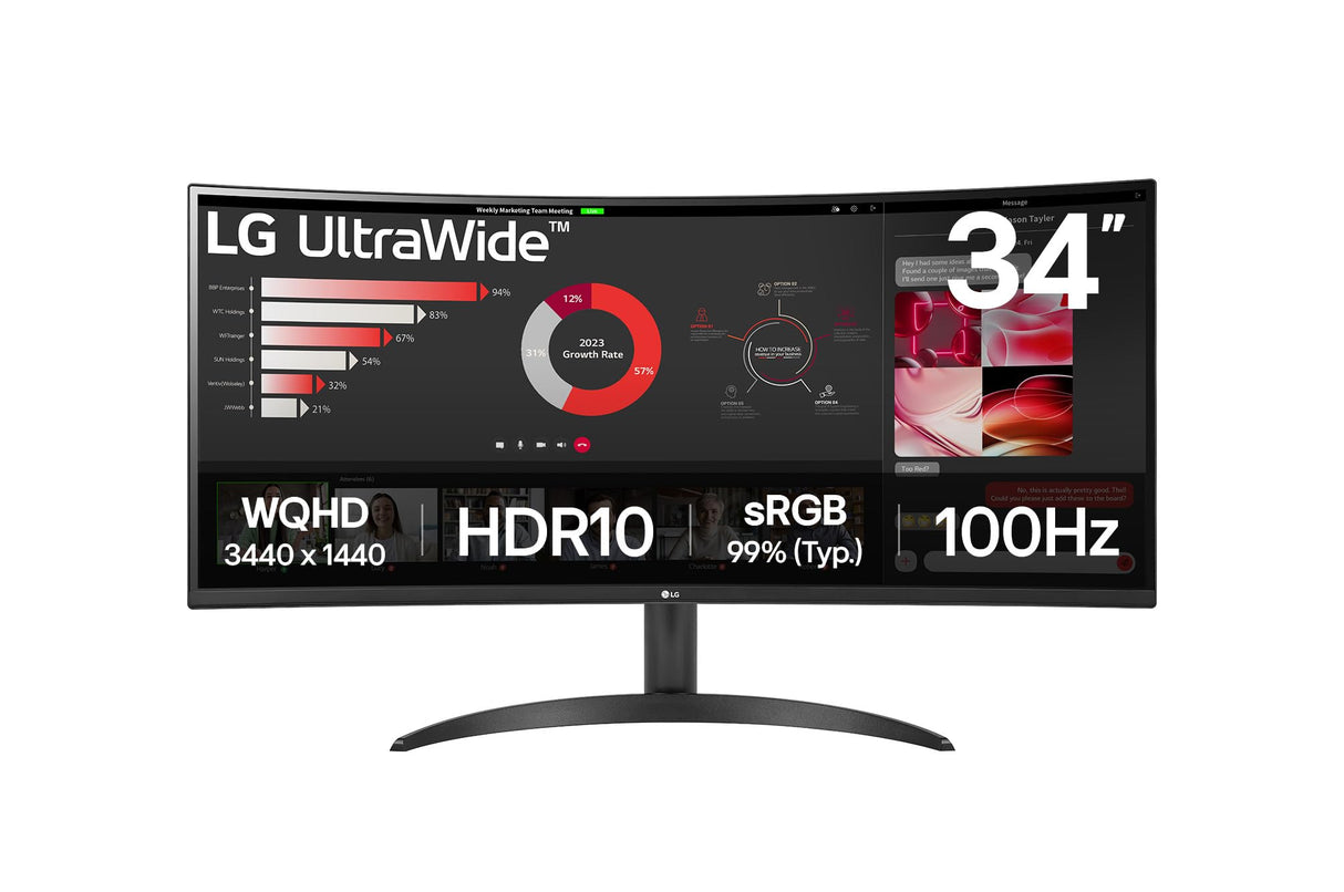 LG 34WR50QK-B - Monitor UltraWide Curvo, 34", QHD: (3440x1440px), 21:9, ADM FreeSync Premium, Multiposición, Negro
