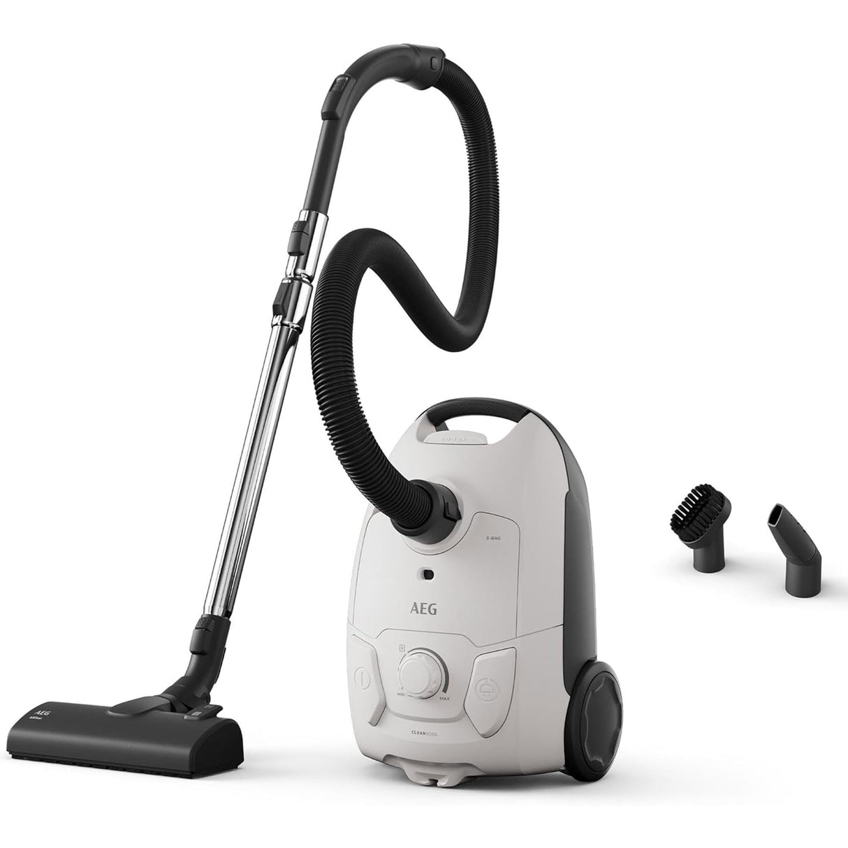 AEG AB51C1SW Aspiradora de Trineo con Bolsa, 750W de Potencia, 3,5L de Capacidad, Cable de 8,5m, 79dB de Ruido, Filtro Lavable, Cepillo Todo Suelo, Boquilla 2 en 1, Incluye 1 Bolsa, Blanco