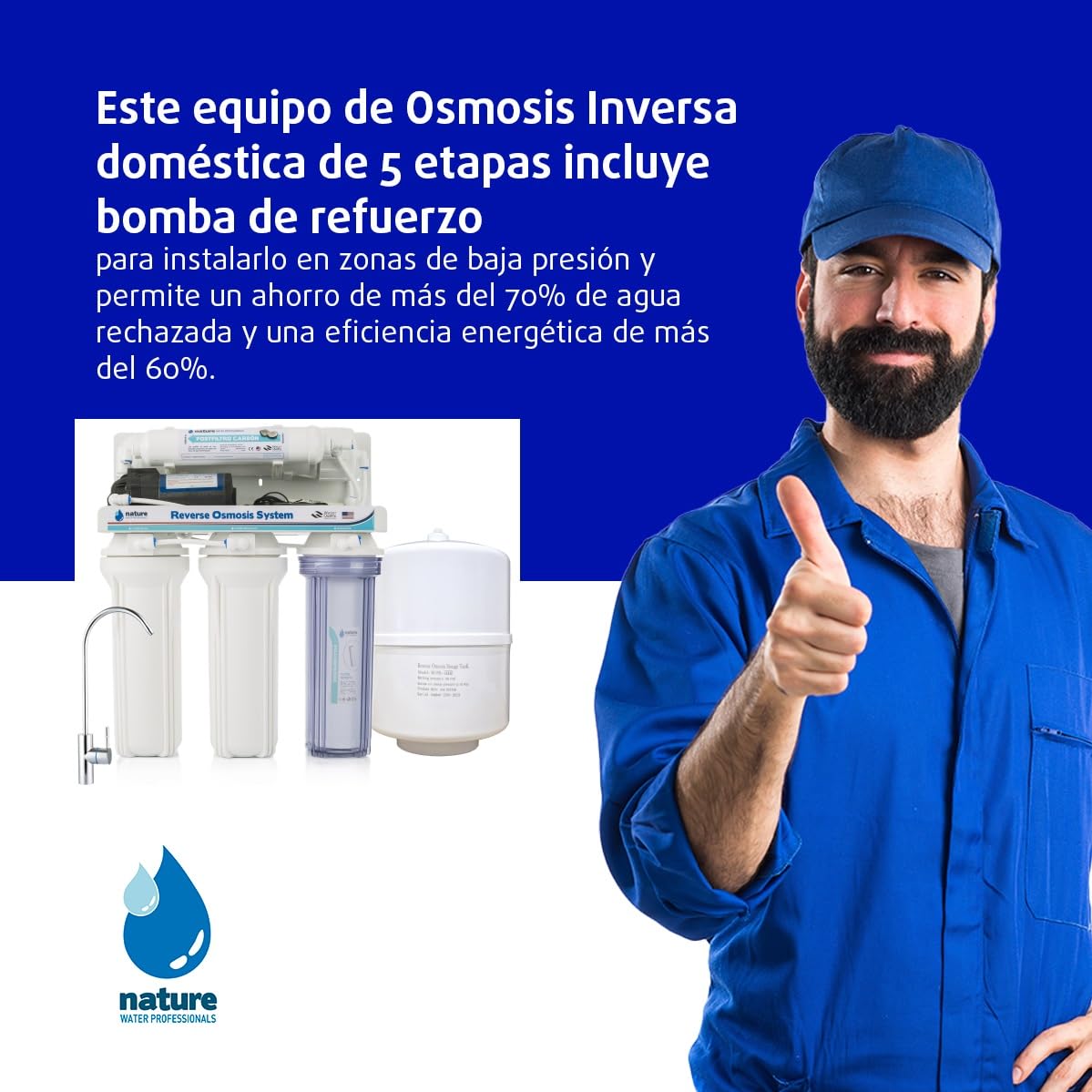 Equipo de Osmosis Inversa - Kit para Osmosis de 5 Etapas - Capacidad para 6 L - Incluye Membrana de 75GPD, Deposito de Agua, Bomba y Filtros - Nature Water Professionals