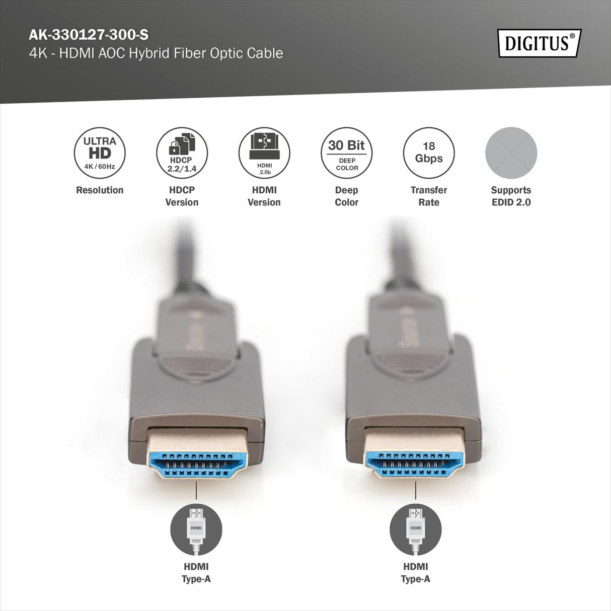 DIGITUS HDMI AOC Cable híbrido de fibra óptica - 30m - HDMI 2.0b - 4k/60Hz - conectores desmontables - compatible con TV/beamer/monitor - contactos chapados en oro - negro