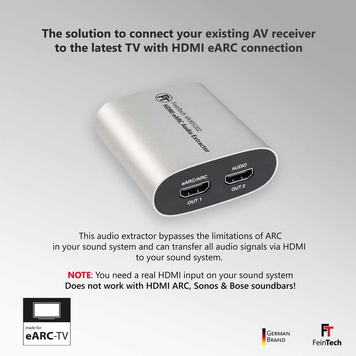 FeinTech Extractor de audio HDMI eARC VAX01202 1x2 para televisores modernos con Dolby Atmos TrueHD DTS-HD a un receptor AV, 5 V DC || 500 mA || 1,75 W
