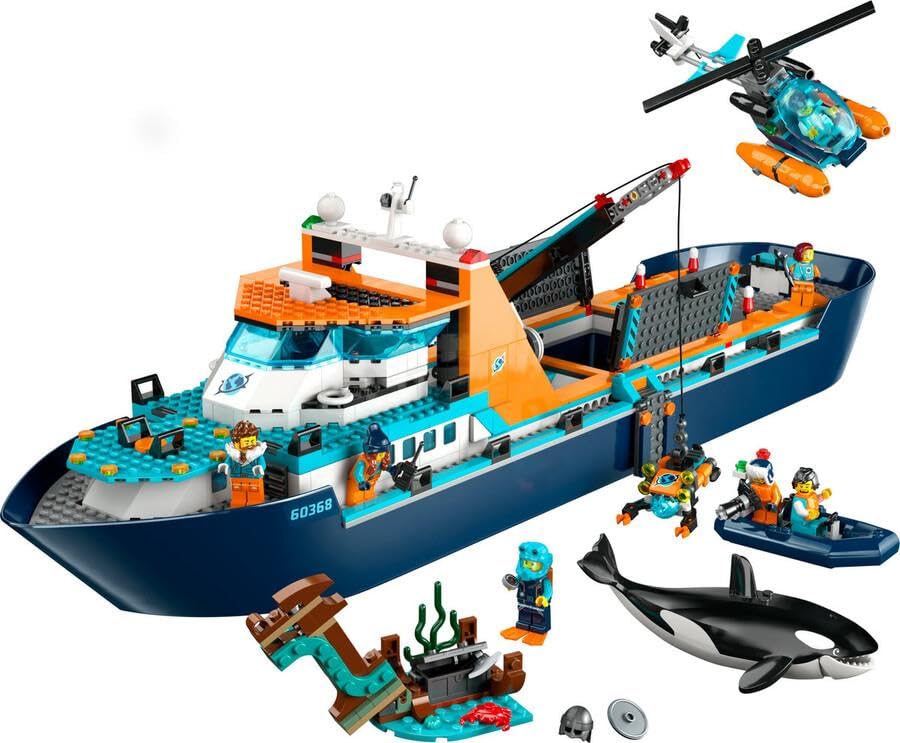 LEGO 60368 City Barco Explorador del Ártico, Barco Grande de Juguete Que Flota con Helicóptero, Sub, Naufragio Vikingo, Minifiguras y una Figura de Orca, Regalo para Niños y Niñas de 7 Años o Más