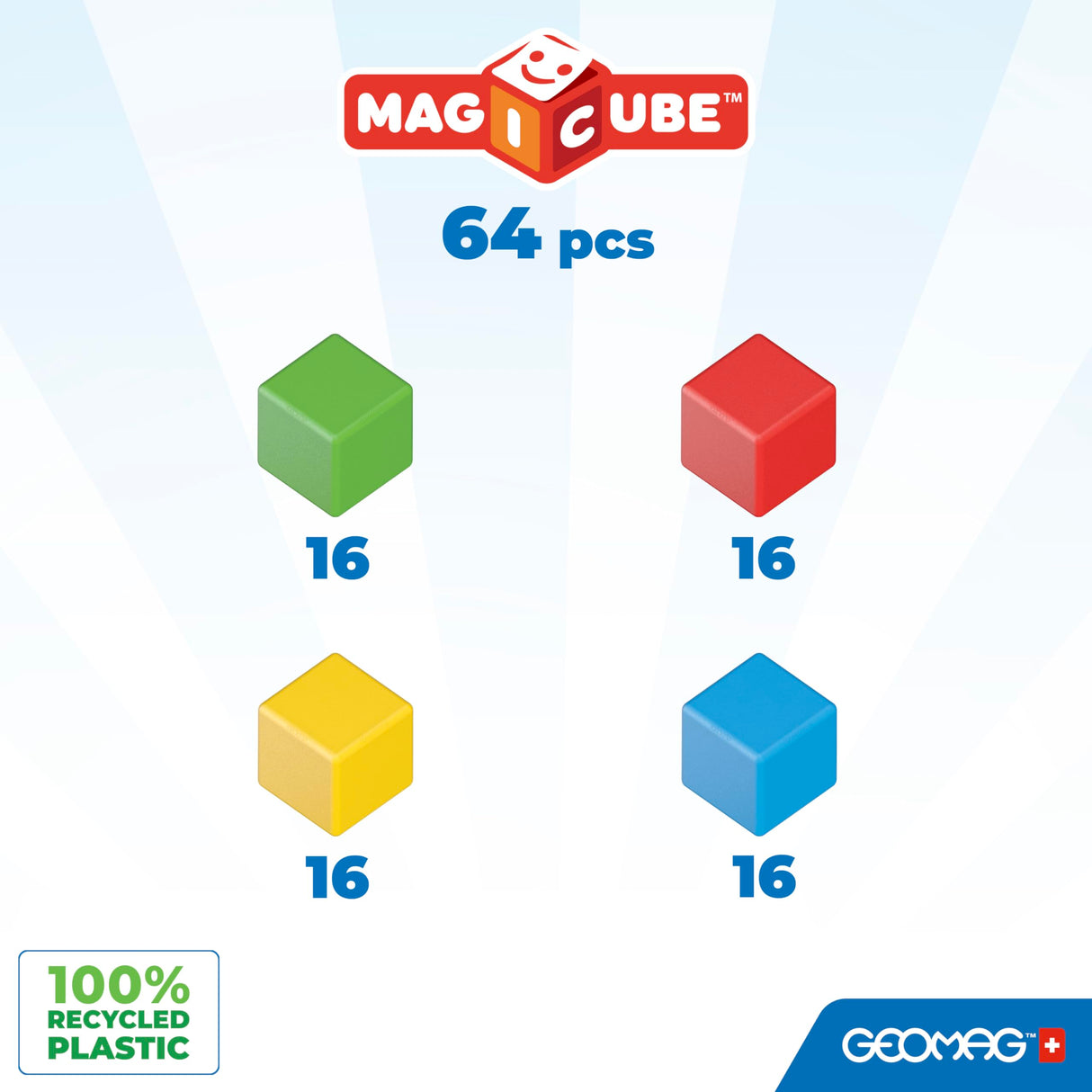 Geomag Magicube Full Color, Bloques de Construcción Magnéticos para Niños a Partir de 1 Año – Juego de 64 Bloques de 4 Colores Hechos de Plástico 100% Reciclado