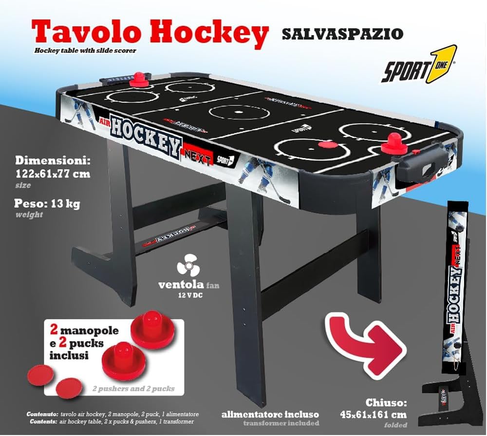 Sport1 Air Hockey Next Vertical. Mesa Plegable de Hockey. Air Mini con Ventilador de 12 V. Mesa de Hockey de Aire Que Ahorra Espacio. Medidas: 121 x 60 x 76 cm. Incluye 2 perillas y 2 Discos. con