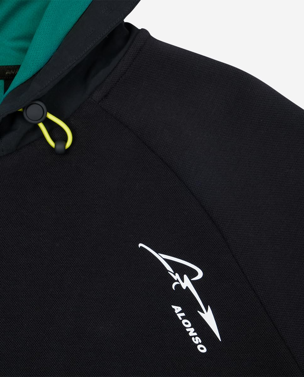 KIMOA - Sudadera Aston Martin F1 2024 Fernando Alonso - Sudadera Hombre con Capucha, Sudadera Cremallera Hombre - XS - Negra - Tejido Reciclado