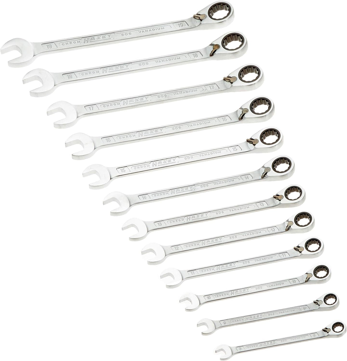 Juego de llaves de carraca HAZET 606N/12 I 12 piezas, en caja de plástico con sistema de seguridad, ancho de llave: 8 - 19 I juego completo para manejo manual