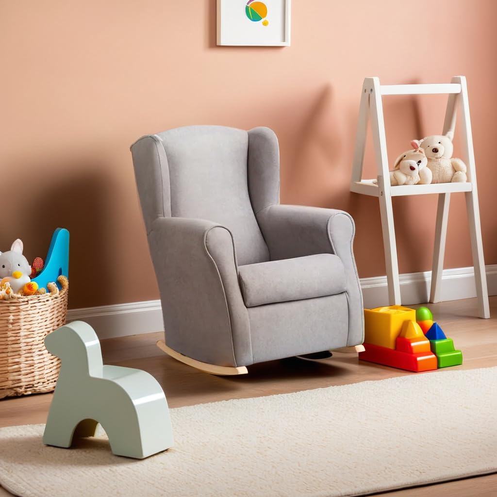 Sillonea - Sillón de Lactancia Roma con Balanceo para Amamantar - Butaca Ergonómica y Compacta con Antimanchas Habitación del Bebé (Gris, Madera Lacada Blanca, 96x74x77 cm)