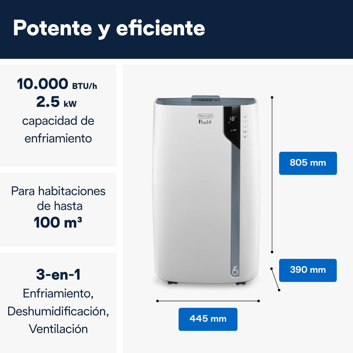 De'Longhi Pinguino PAC EX105+++, Aire Acondicionado Portátil con Tecnología EcoRealFeel, 10.000 BTU/h, 2,5kW, hasta 100m³, Función Deshumidificador y Ventilación, Clase A+++