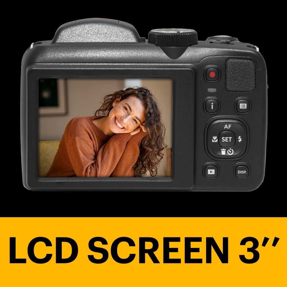 KODAK Pixpro Astro Zoom AZ255 + Tarjeta de Memoria SD de 32 GB – Cámara de Puente Digital de 16 MP, Zoom 25X, Video HD 1080p, Gran Angular de 24 mm, Pantalla LCD 3, Pila AA – Negro