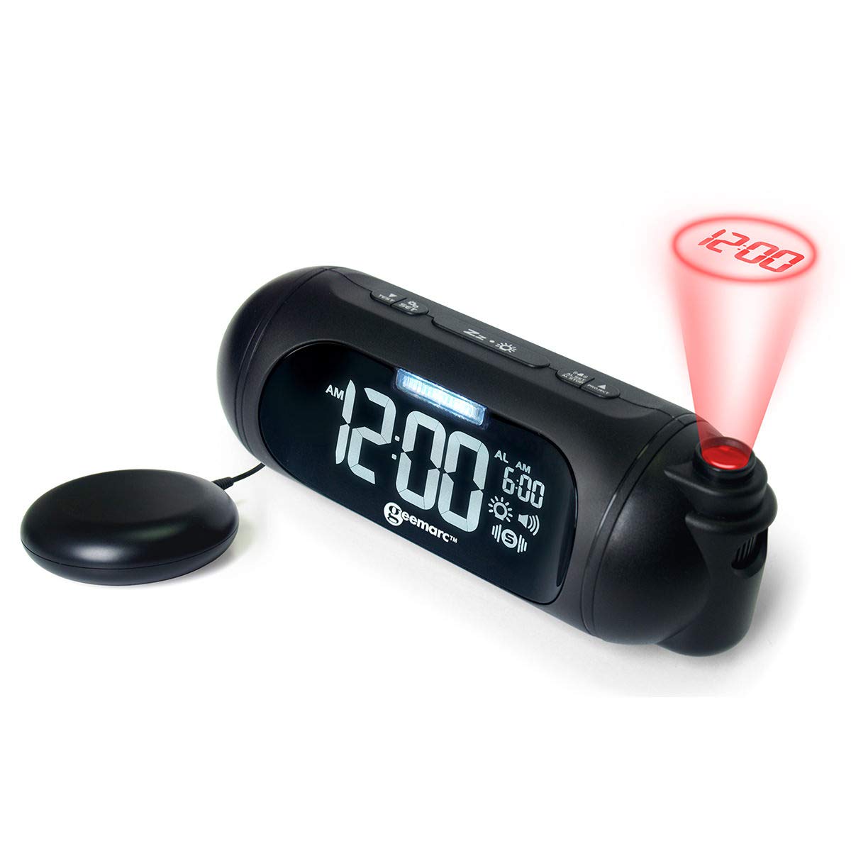 Geemarc Wake 'N' Shake Spot - Reloj Despertador de Proyección con Alarma Potente de 95dB, Cojín Vibrador y Snooze para Dormilones Pesados y Personas Sordas - Puerto de Carga USB - Versión ES