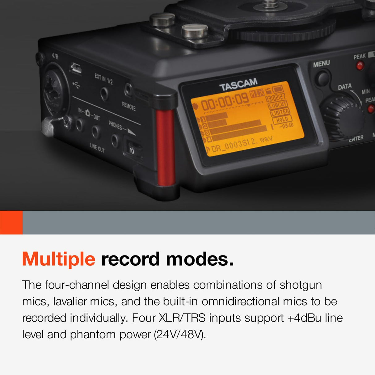 TASCAM Grabadora de audio portátil de 4 canales para videógrafos, 4 entradas combinadas XLR/TRS, 2 micrófonos internos, limitador, filtro HP (DR-70D)