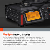 TASCAM Grabadora de audio portátil de 4 canales para videógrafos, 4 entradas combinadas XLR/TRS, 2 micrófonos internos, limitador, filtro HP (DR-70D)