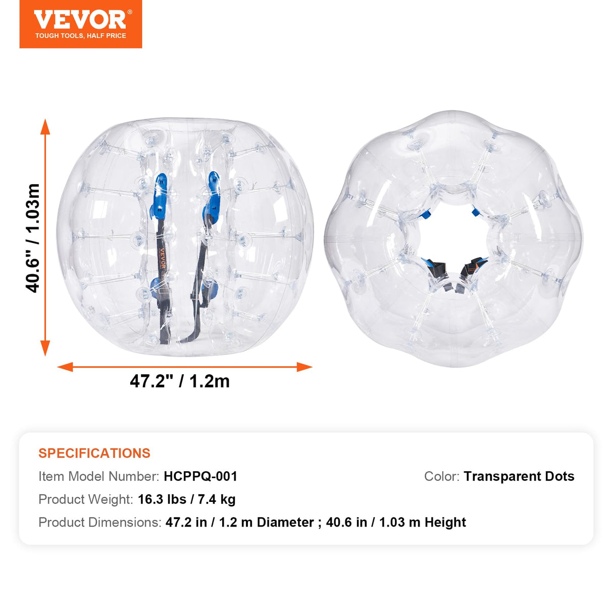VEVOR Bola de Choque Inflable Bola de Choque de Parachoques 1 Pieza 1,2m x 1,03m Bola de colisión Humana Bola de Rebote de Burbujas Cuerpo de PVC Bola de Parachoques Inflable de Puntos Transparentes