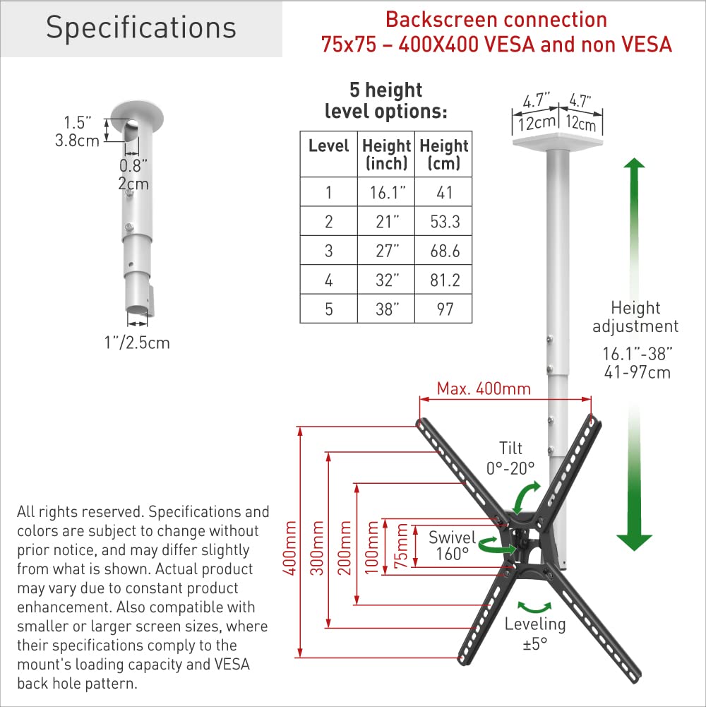 Barkan Soporte de TV de Techo, 97cm de Largo Blanco Giratorio e inclinable para Pantallas de 13-65 Pulgadas, Peso máximo 40Kg, Telescópico de Altura Ajustable, para LED OLED LCD, hasta VESA 400x400