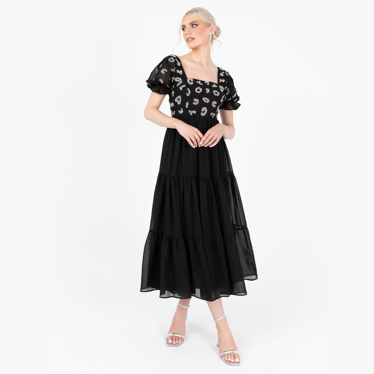 Lovedrobe Women's Midaxi Dress Ladies Animal Sequin Embellished Short Puff Sleeve Square Neck A-Line for Evening Party Cocktail Vestido, Black, 40 para Mujer