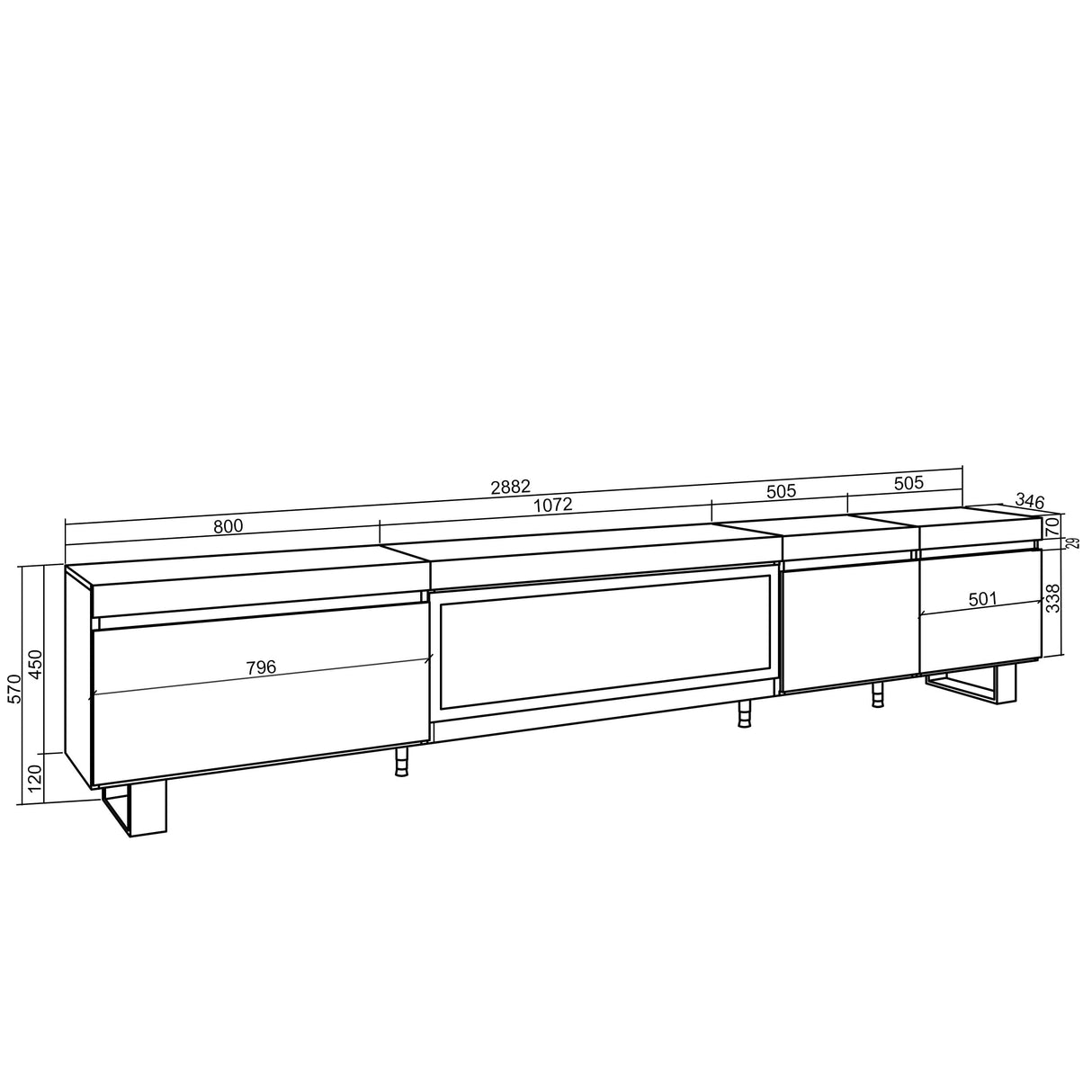 Skraut Home | Mueble TV | Televisión | Muebles de salón, almacenaje | 288x57x35 cm | para TV Gran Formato | Chimenea eléctrica XXL | Diseño Industrial | Estilo Moderno | Roble