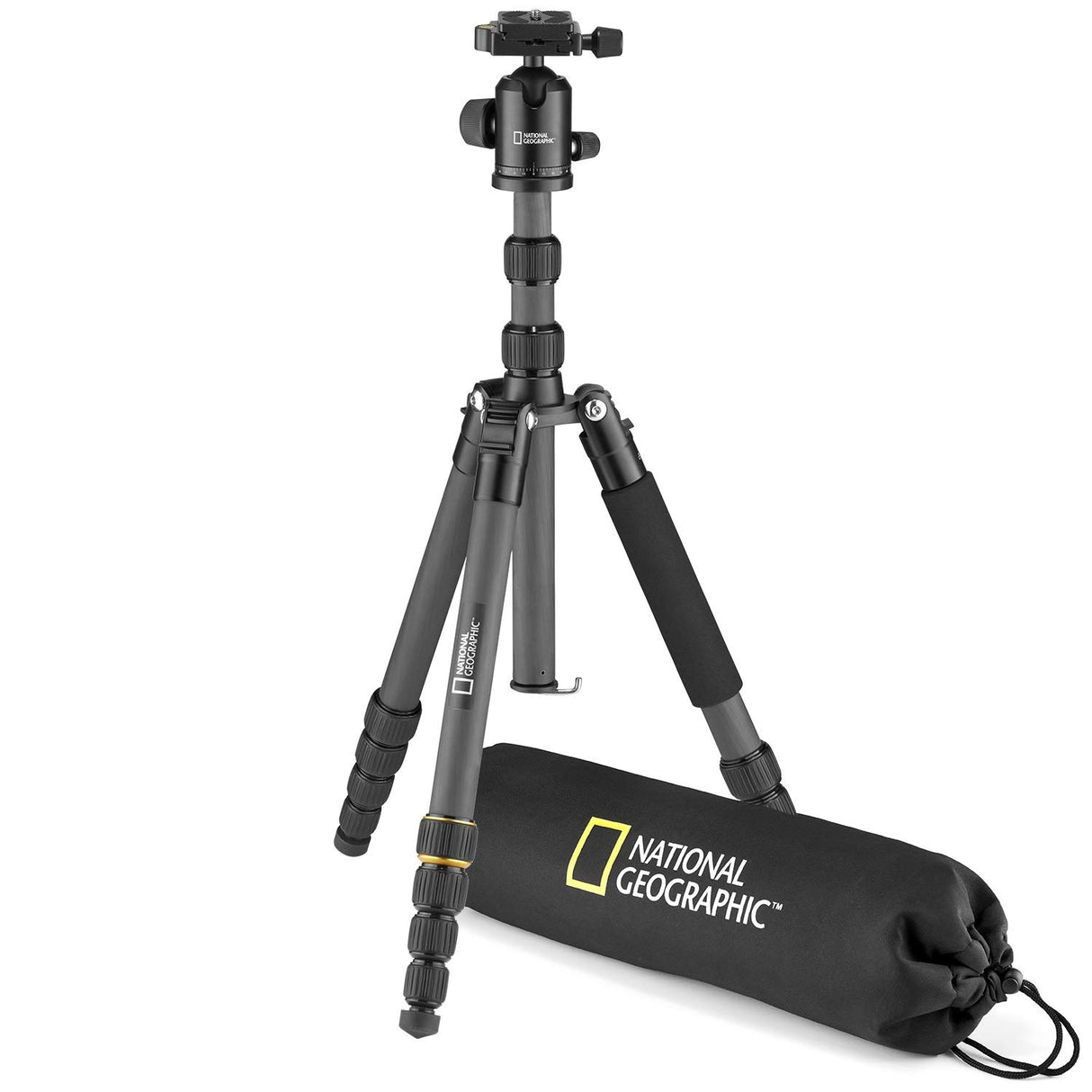 National Geographic NGTR004CF - Kit de trípode de viaje con monopié, fibra de carbono, patas de 5 secc., bloqueo por torsión, peso 8 kg, bolso, rótula, liberación rápida, color negro