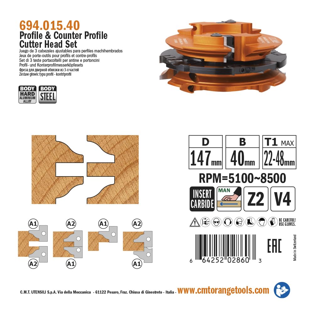 CMT ORANGE TOOLS 694.015.40 - "JUEGO DE CABEZALES X PUERTAS ENCASTRE M/F ""AJUSTABLE"" D=147X48X40"