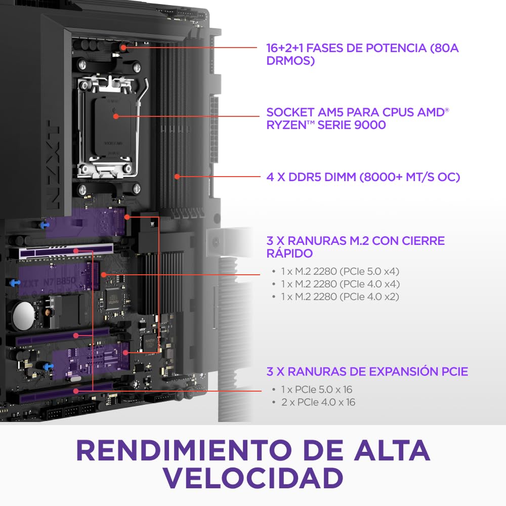 NZXT N7 B850 - Placa Base Gaming AMD B850 AM5 ATX para Ryzen 9000/8000/7000-16+2+1, DDR5, 3X M.2, PCIe 5.0, Wi-Fi 6E, LAN 2.5GbE, USB 4 – M.2 NVME con Cierre rápido – Cubierta Completa – Negro