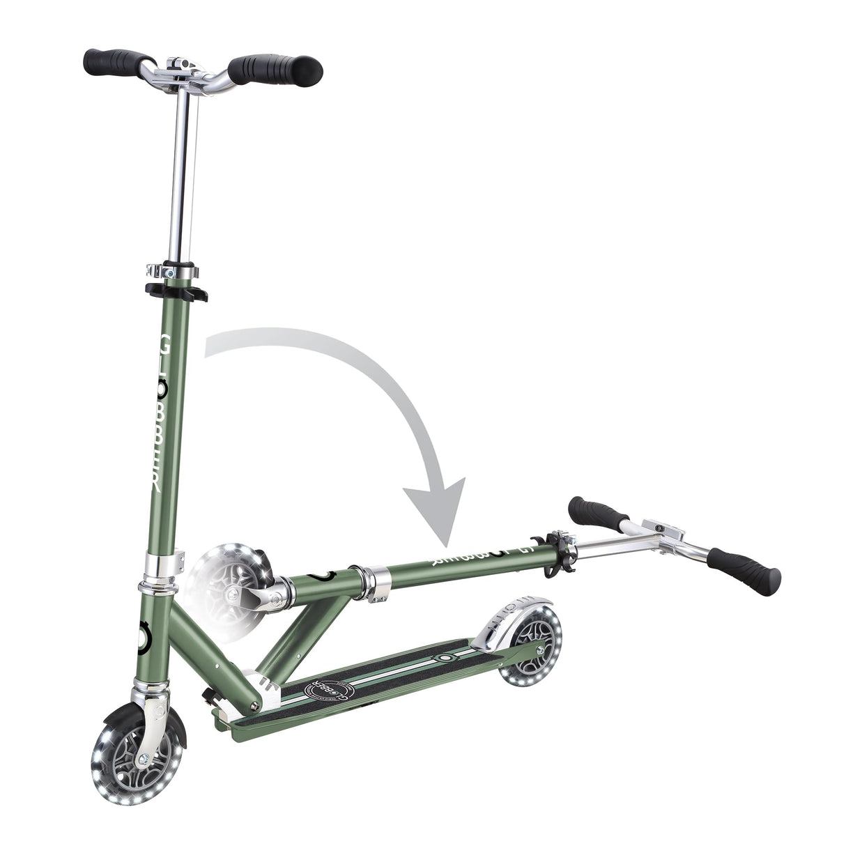 Globber - Flow Element Lights - Patinete Plegable de 2 Ruedas con luz LED, Freno Trasero y Manillar Ajustable, Desde los 5 años, para niños y Adolescentes - Verde Oliva