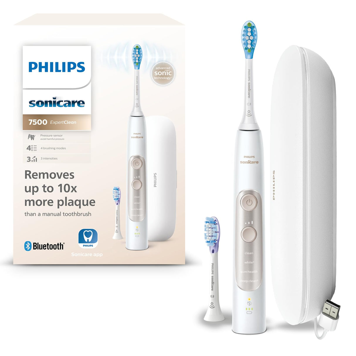 Philips Sonicare ExpertClean 7500, eléctrico cepillo dental sónico con aplicación, 4 modos de cepillado y 3 niveles de intensidad, sensor de presión, blanco y dorado, modelo HX9691/02