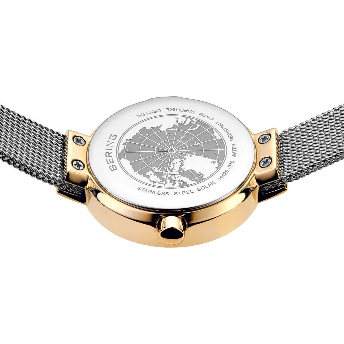 BERING 14426-010 Reloj solar para mujer con caja de acero inoxidable de 26 mm con acabado dorado y esfera blanca, correa milanesa, cristal de zafiro y resistencia al agua de 5 ATM