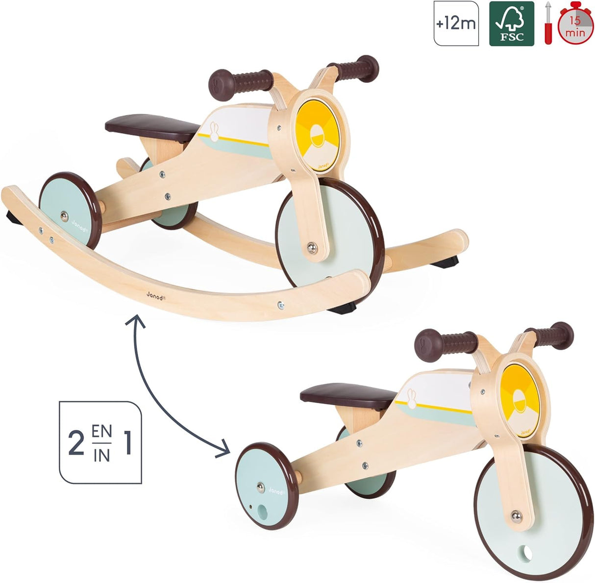Janod - Triciclo de madera con balancín - Triciclo para bebés de la primera edad - Para desarrollar la motricidad gruesa y el sentido del equilibrio - Juguete de madera - De 12 a 36 meses, J03284