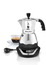 Bialetti Eléctrico Moka Temporizador, Capacidad por 6 Carribas, 365W, Plata / Negro