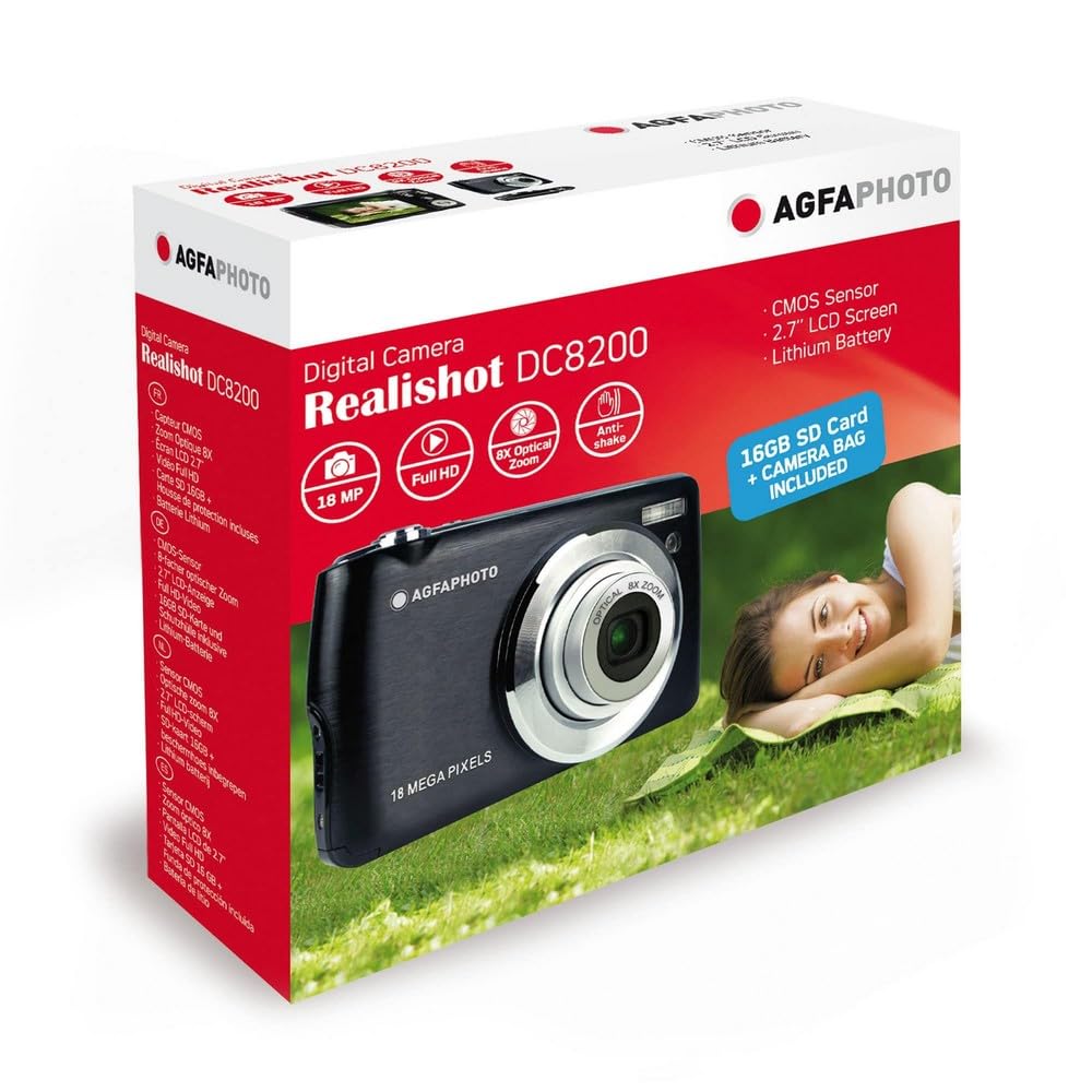 AGFA Photo Realishot DC8200 - Cámara Digital Compacta, 18MP, Video Full HD, Pantalla LCD 2.7'', Zoom Óptico 8X, Batería de Litio y Tarjeta SD de 16GB - Negro