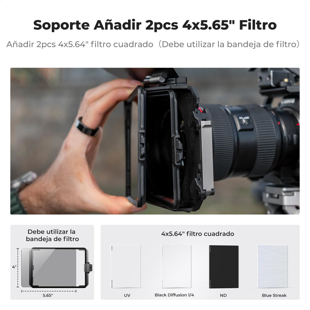 K&F CONCEPT Mini Matte Box con ND4 ND32 Cine Filtro 4" x 5,65", con 2 Bandejas de Filtro de 4" x 5,65" para Cámaras DSLR Mirrorless con 5 Adaptadores de Anillo Circular (67/72/77/82/95mm)