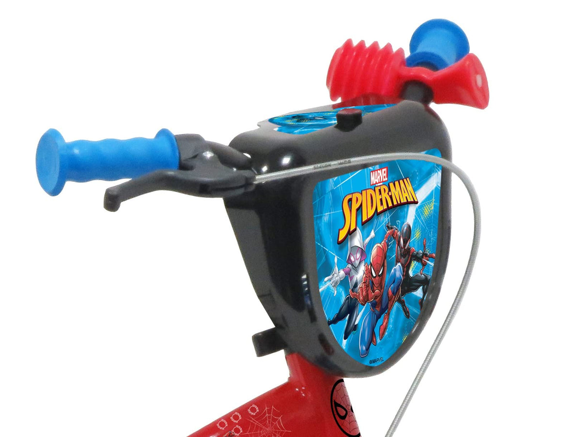 ATLAS 12' Bicicleta Spiderman Equipada con 1 Freno, Placa Delantera Decorativa, Guardabarros, cárter y estabilizadores. Chico, Rojo