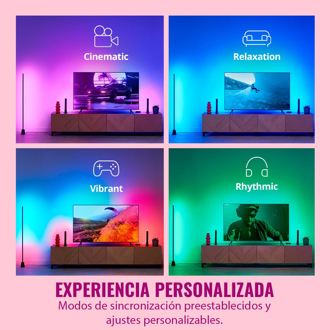 WiZ HDMI Sync Box con retroiluminación de TV - Sincroniza la luz con tus películas, juegos y música - HDMI 2.0 - Soporta 4K a 60Hz - Tira LED RGBIC para televisores de 55«-65» - Control por App/Voz