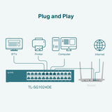 TP-Link TL-SG1024DE - Gigabit Ethernet Switch de 24 Puertos (Easy Smart Managed, Plus no gestionado, Plug and Play, Escritorio, Montaje en Bastidor, Metal, Sin Ventilador, Vida Útil Limitada)