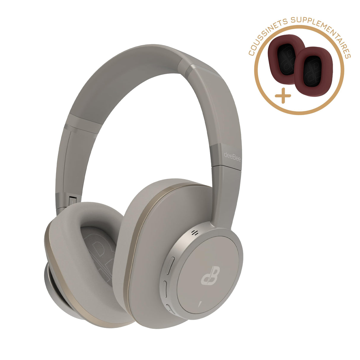 DeeBee dB-Pulse-GLB Auriculares Bluetooth Circumaurales, Cancelación de Ruido, 40 Horas de Batería, Beige, con Almohadilla Intercambiable
