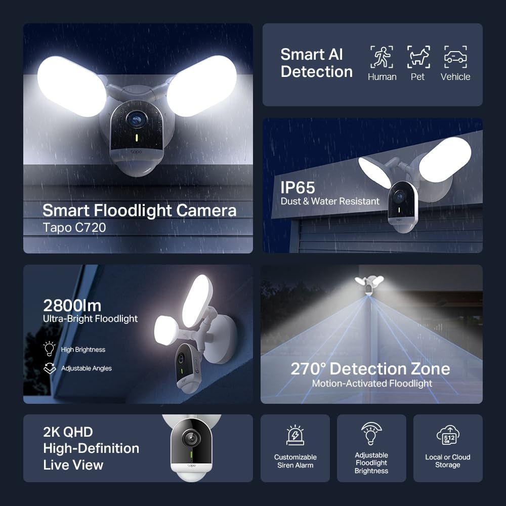 Tapo C720 Cámara Inteligente Proyector 2K QHD 2800LM, Activado por Movimiento, Soporte Inteligencia Artificial IP65 Local/Cloud Almacenamiento