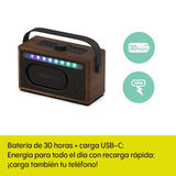 Pure Classic Aura Altavoz Bluetooth portátil 40W con batería 10000mAh, función Powerbank, Luces ambientales, 30h autonomía, USB-C, Entrada AUX, Resistente a Salpicaduras IPX2 – Marrón Café/Nogal