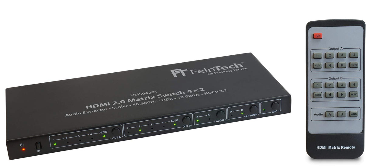 FeinTech VMS04201 Conmutador de Matriz HDMI Matrix Switch 4x2 (4 entradas, 2 Salidas, con Extractor de Audio, Scaler, Ultra HD, 4 K, 60 Hz, HDR)