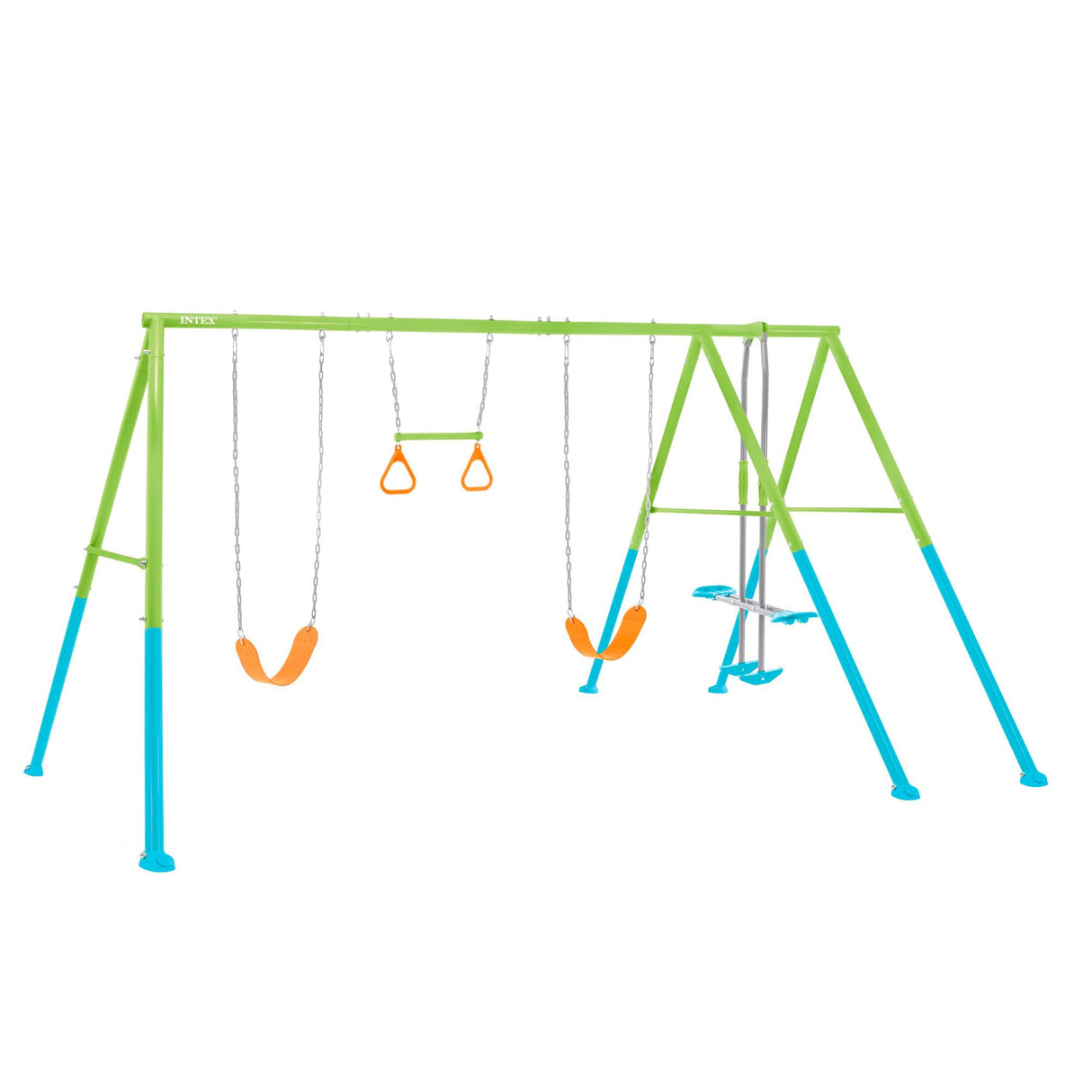 Intex Columpio Doble, Estructura Metal, con balancín Doble Plaza y Trapecio, Altura Regulable, hasta 240 kg, Columpios niños 3-10 años, Juegos Exterior, Certificado CE (59002)