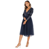 Maya Deluxe Maya Vestido Midi Adornado con La Parte Delantera de Deformación Falsa Dama de Honor, Azul Marino, 40 para Mujer