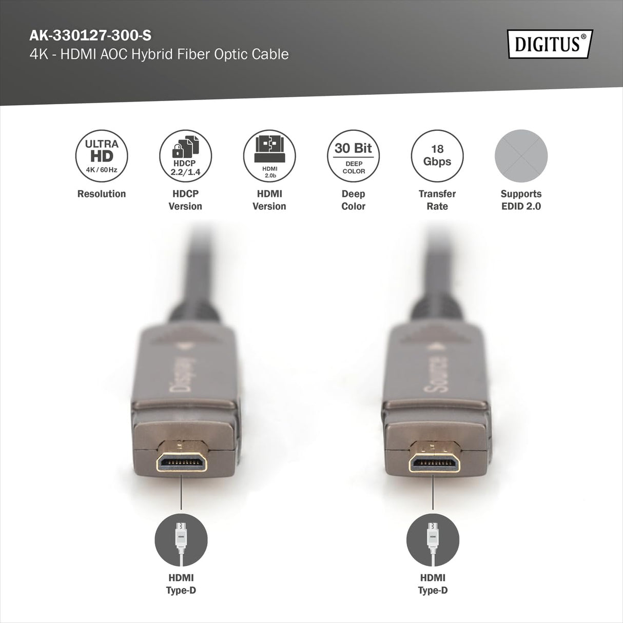 DIGITUS HDMI AOC Cable híbrido de fibra óptica - 30m - HDMI 2.0b - 4k/60Hz - conectores desmontables - compatible con TV/beamer/monitor - contactos chapados en oro - negro