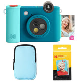 KODAK Smile+ - Paquete de iniciación de cámara instantánea Digital e Impresora fotográfica 2 en 1, Funda de Lujo + Papel Zink 20 Unidades, 10 MP, Lente giratoria, Color Azul
