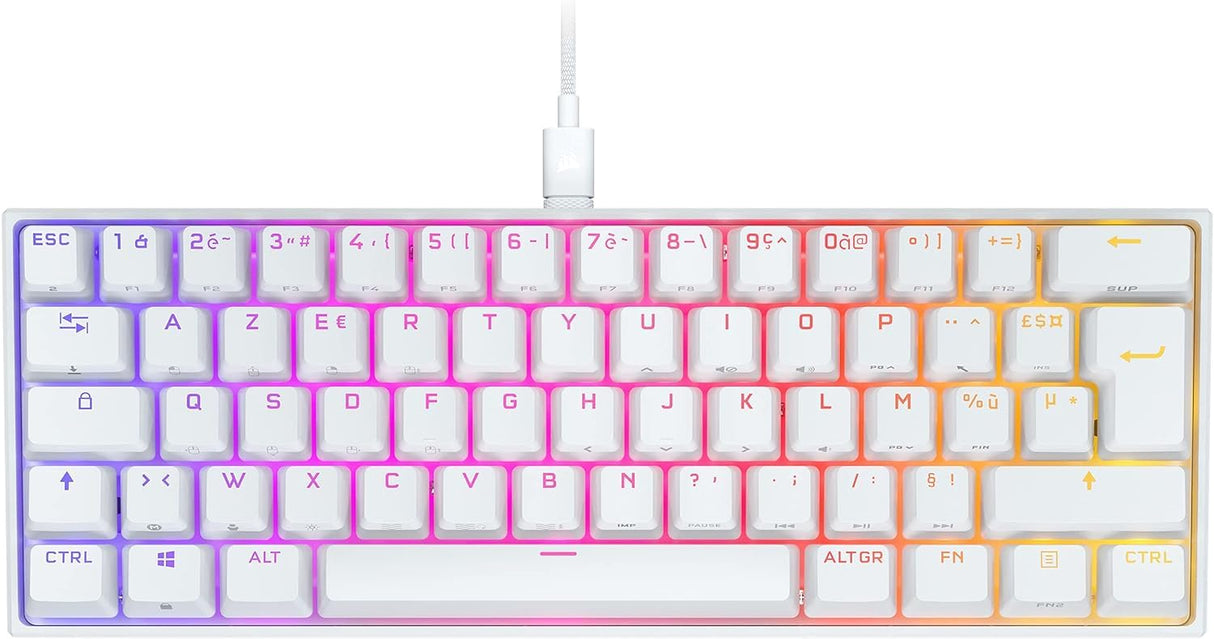 Corsair K65 RGB Mini 60% Teclado de Juego con Cable mecánico – Switches lineales Cherry MX Red – Teclas PBT de Doble Salida, Compatible con iCUE – AZERTY FR – PC, Mac, Xbox – Blanco