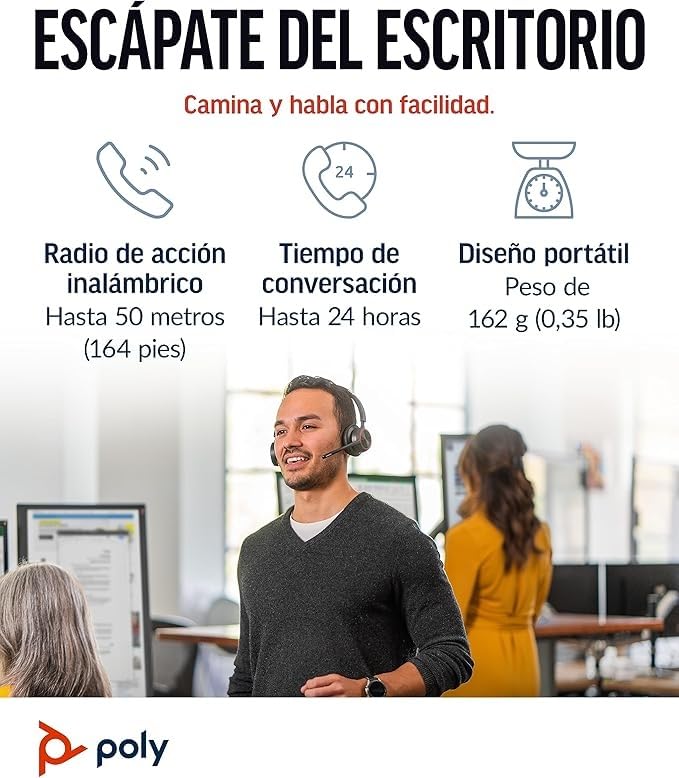 Auriculares inalámbricos Poly Voyager 4320 UC - Audífonos estéreo con micrófono de brazo con cancelación de ruido - Conexión Bluetooth a PC/teléfono móvil - Funciona: Teams (certificado), Zoom y más