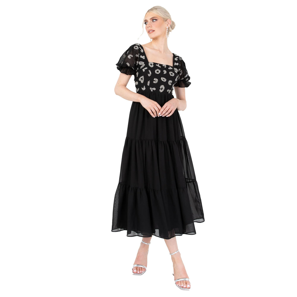 Lovedrobe Women's Midaxi Dress Ladies Animal Sequin Embellished Short Puff Sleeve Square Neck A-Line for Evening Party Cocktail Vestido, Black, 40 para Mujer