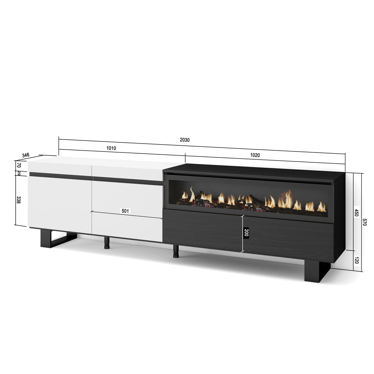 Skraut Home | Mueble TV | Televisión | Muebles de salón, almacenaje | 200x57x35cm | para TV hasta 80" | Chimenea eléctrica | Diseño Industrial | Estilo Moderno | Blanco y Negro