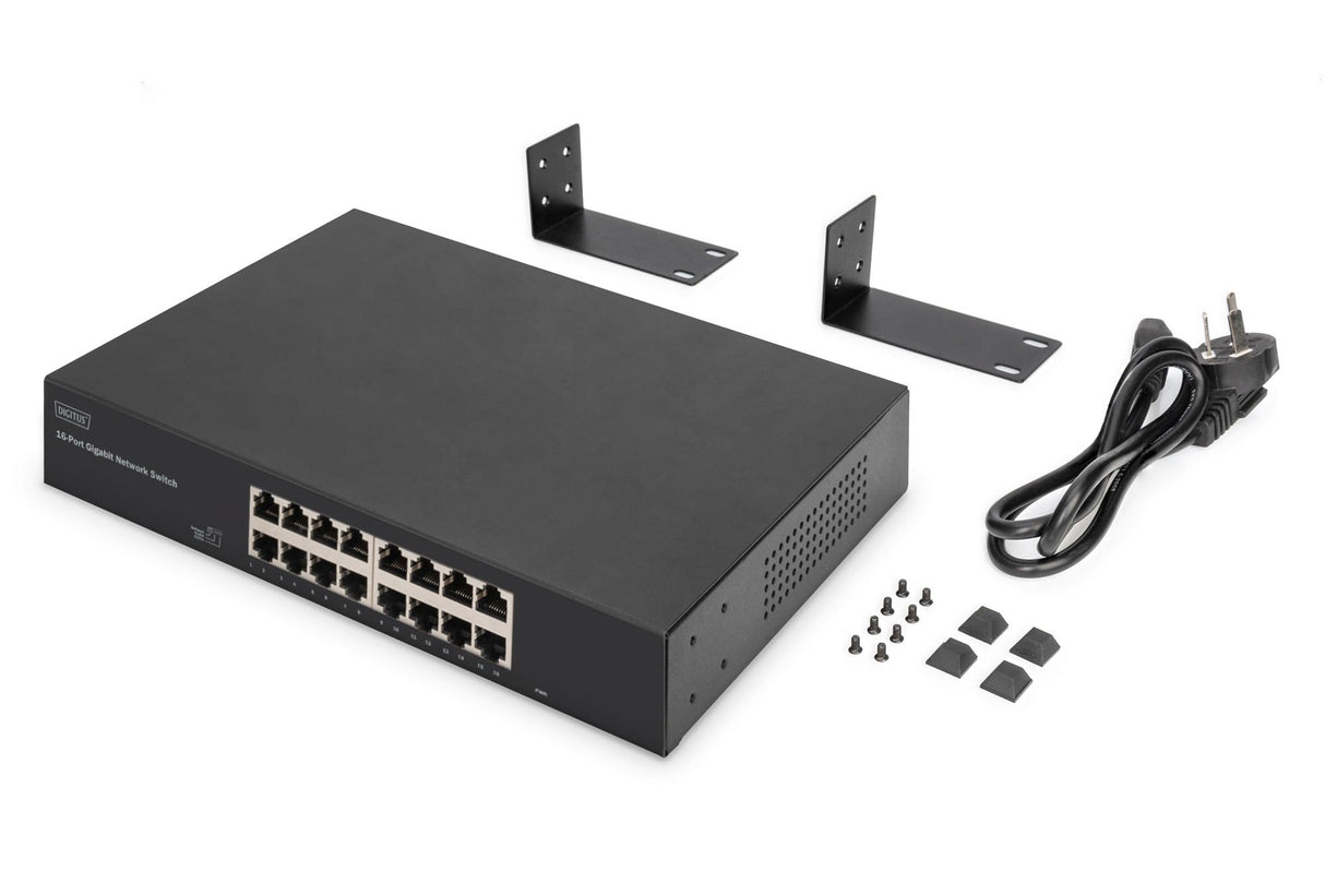 DIGITUS DN-80112-2 - Conmutador de Red Gigabit - 16 Puertos - no gestionado - sin Ventilador - Compatible con VLAN y CCTV - 16x RJ45-10/100/1000 Mbit/s - Soportes de Montaje de 19 Pulgadas - Negro