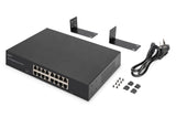 DIGITUS DN-80112-2 - Conmutador de Red Gigabit - 16 Puertos - no gestionado - sin Ventilador - Compatible con VLAN y CCTV - 16x RJ45-10/100/1000 Mbit/s - Soportes de Montaje de 19 Pulgadas - Negro